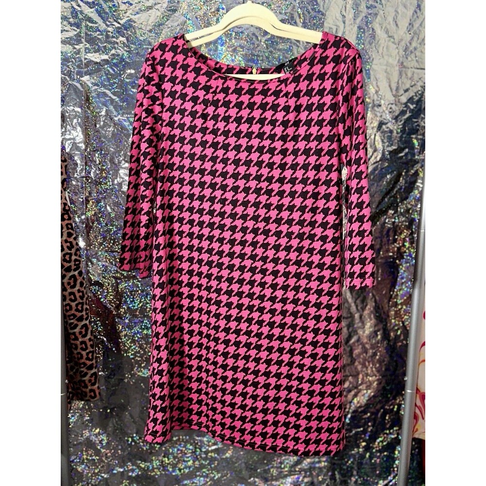 H&M Shift Midi Dress Medium Women’s Black/Hot Pink Houndstooth W Stretch